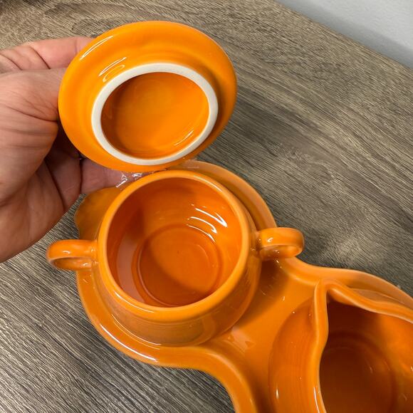 Fiesta Tangerine Sugar Bowl and Creamer Set with Tray Homer Laughlin RETIRED - Picture 5 of 6